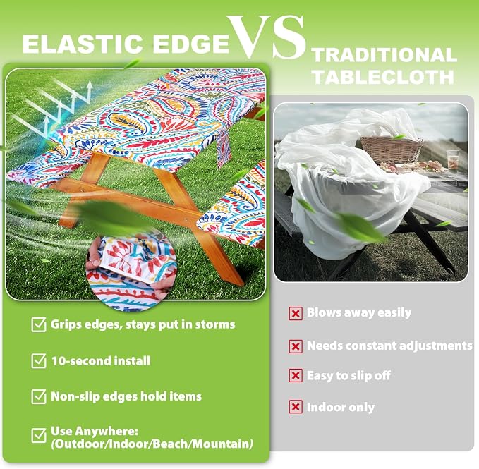 Fitted Picnic Table Cover with Bench Covers Waterproof Elastic Edges Rectangle Patio Tablecloth Outdoor Camping Essentials Stuff Rv Accessories Summer Trip Travel Supplies Party Camper Gifts, 6 ft