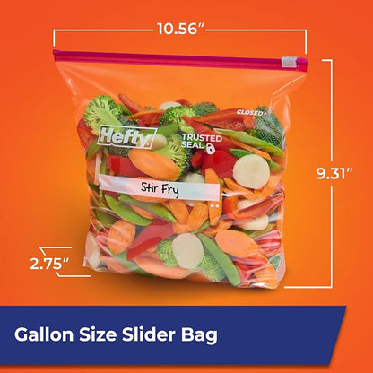Hefty Slider Storage Bags, Gallon Size, 66ct | Bulk Pack, Gallon Storage Bags for Food, Snacks, Toiletries, and More, Writable Label, Stand and Fill, Secure Slider Closure