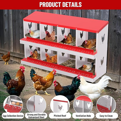 Chicken Nesting Box, Red 8 Hole Egg Laying Box, Suitable for Chickens & Ducks, Large Holes for Ventilation, Convenient for Picking up Eggs, Chicken Coop Nesting Box, Fully Galvanized