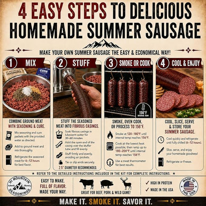 Hi Mountain HUNTER'S BLEND Summer Sausage Kit | Complete sausage seasoning kit. Includes: Seasoning, cure & 10 casings. Beef, pork, venison, deer, elk. Makes up to 30 lbs