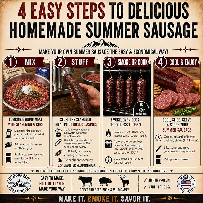 Hi Mountain JALAPENO Summer Sausage Kit | Complete sausage seasoning kit. Includes: Seasoning, cure & 10 casings. Beef, pork, venison, deer, elk. Makes up to 30 lbs