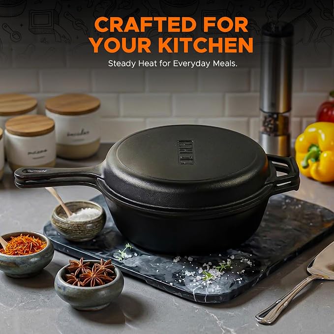 KICHLY Combo Cooker Cast Iron Dutch Oven with Lid 2 in1, PFAS Free Pre-seasoned Multi Cookware Skillet, 3.2QT Cast Iron Pan Dutch Oven Deep Pot with Frying Pan 10.25 Inch, Grill Induction Stovetop Camping