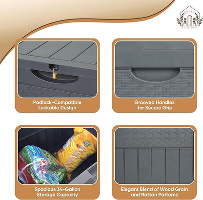33 Gallon Deck Box, Small Outdoor Storage Box Waterproof, Lockable Secure Package Bin Delivery Box for Outside Front Porch, Patio Cushions Storage Box, Delivery Driver Snack Box for Porch, Grey