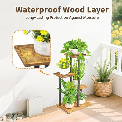 LASZOLA Black 4 Tiered Wood Plant Stand Indoor for Large Heavy Duty Planter, Sturdy Multi Level Corner Vertical Flower Rack for Narrow House, Rustic Tall Orchid Shelving Holder for Decor, Space Saving
