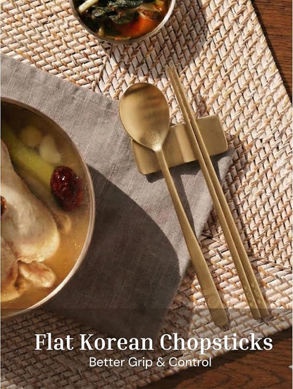 ONGI Korean Spoon and Chopstick 2 Set – Premium 18/10 Titanium Gold – Double Happiness Design – Gift-Ready – Made in Korea – Dishwasher Safe (Hee Pattern Gold 2 Set)