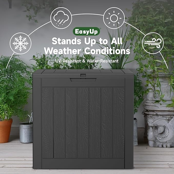 EasyUp 32 Gallon Resin Deck Box Waterproof, UV Resistant Outdoor Storage Box for Delivery, Porch, Patio and Garden, Stripe Black