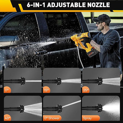 2025 Upgrade Cordless Pressure Washer, 900PSI Battery Powered Pressure Washer with 6-in-1 Nozzle, 10 Speed Adjustment, Remaining Battery Display, Portable Power Washer for Car/Garden/Floor/Yards