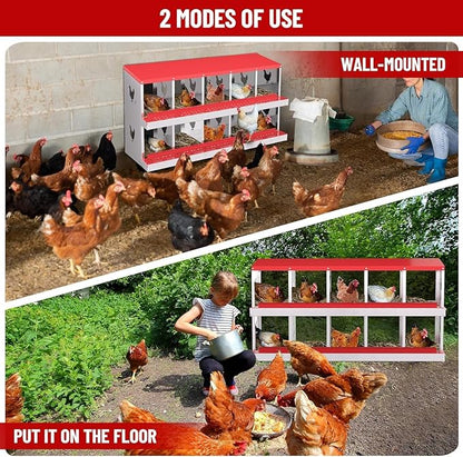 TrailBlaze Chicken Nesting Box 10 Compartments Laying Boxes, Metal Chicken Egg Laying Box with Rollout Egg Collection, Large Vented Holes Chicken Coop for Chickens, Hens (Red)