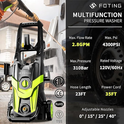 2025Upgraded Pressure Washer 4300PSI with 4 Quick Connect Nozzles, Inlet Hose & Filter& Foam Cannon for Cars/Fences/Driveways/Home Cleaning, Green