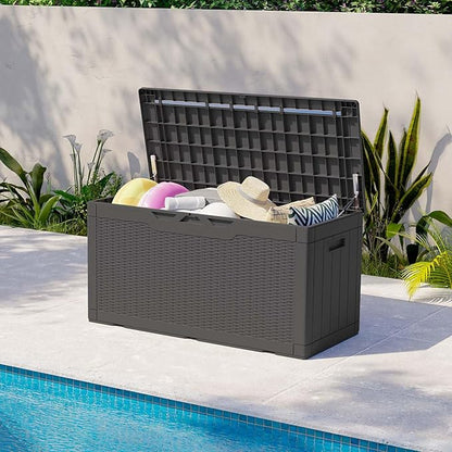 Patiolife 100 Gallon Resin Deck Box, Large Outdoor Storage Box for Garden Tools, Pool Supplies, Waterproof and Lockable, Black
