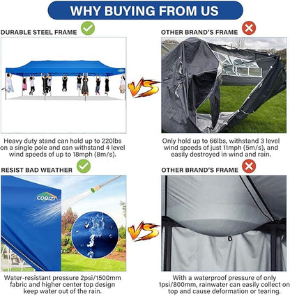 COBIZI 10x30 Pop up Canopy Tent 10x30 Canopy with 8 Sidewalls Waterproof Heavy Duty Commercial for Parties Outdoor Garden Gazebo Tent, Carry Bag with Wheel(10x30ft,Blue)