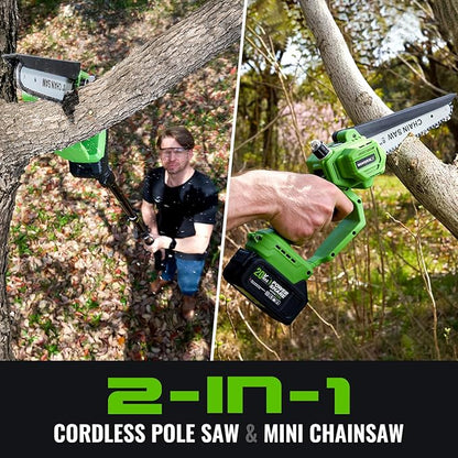 2-in-1 Cordless Pole Saw & Mini Chainsaw 20V 3.0AH 8-Inch 15FT Reach Electric Tree Trimmer Battery Powered Chainsaw with Extension Pole for Tree Trimming Branch Cutting Pruning