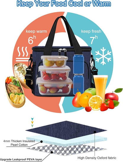 Lunch Bags for Women/Men, Insulated Lunch Bag for Work Office Picnic - Lunch Cooler Bag Leakproof Lunch Box with Adjustable Shoulder Strap - Dark Blue