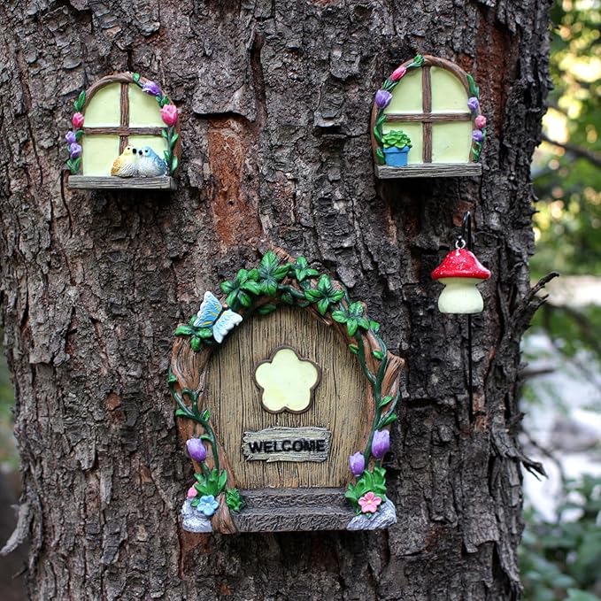 Fairy Door and Windows Garden Kit Accessories Outdoor, Glow in Dark Gnome House for Tree, Lawn Yard Art Sculpture, Miniature Garden Decor (Butterfly)