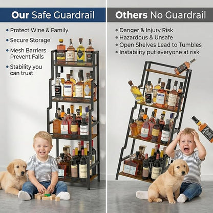 Hayexiha 4-Tier Stepped Freestanding Wine Rack, Large Capacity Liquor Cabinet with Anti-Fall Guardrails and Rounded Corners, Bottle Display Shelf & Mini Bar for Living Room, Home Bar, Kitchen Corner