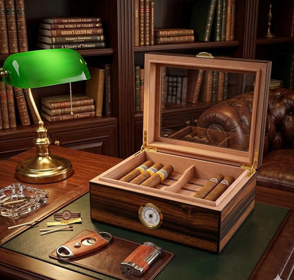 Cigar Humidor - Holds 25-50 Cigars - Spanish Cedar Wood - Tempered Glass Top Display - Metal Handle, Divider, Humidifier, Hygrometer - Santos Rosewood