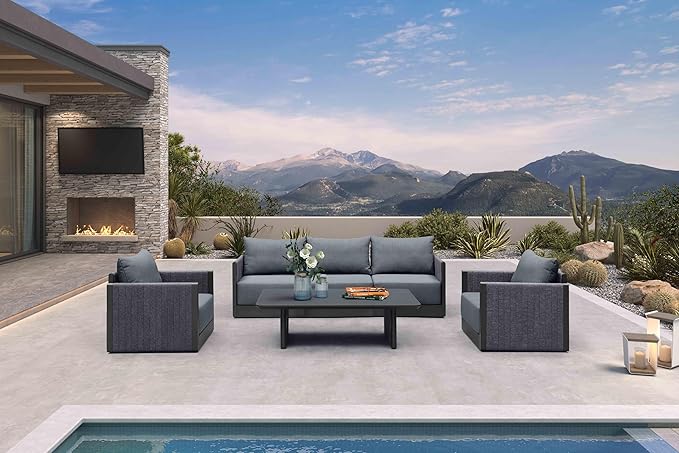 PURPLE LEAF Patio Furniture Set 6 Pieces Outdoor Conversation Sets PP Rope Patio Sofa with Cushions and Table Manual Weaving Deep Seating Furniture for Porch Lawn Backyard Gray