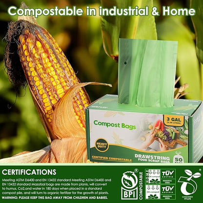 3 Gallon Compostable Trash Bags with Drawstring, Heavy Duty Extra Thick 1 Mil, 11.36 Liter, 50 Bags, Small Kitchen Food Scrap Waste Bag, US BPI and OK Compost Home Certified(3 Gallon 50 Count)