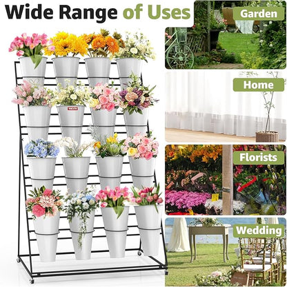 Flower Display Stand 4 Layers with 16 PCS Round Buckets, Plant Stand with Wheels, Movable Metal Plant Stand for Terrace Garden, Florist Shop