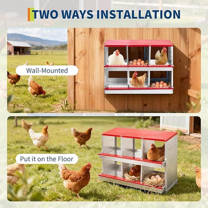 Heavy Duty Metal Chicken Nesting Box – 6 Compartments, Rollaway Egg Collection, Ventilated, Resting Perch, Wall Mounted/Floor, Easy Clean, Red Covered, 96×48×71cm, with Cover