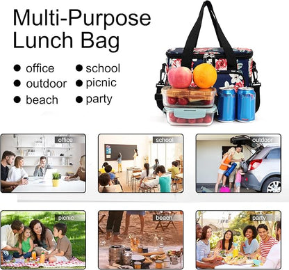 Lunch Bags for Women/Men, Insulated Lunch Bag for Work Office Picnic - Large Lunch Cooler Bag Leakproof Lunch Box with Adjustable Shoulder Strap for Adults - Floral