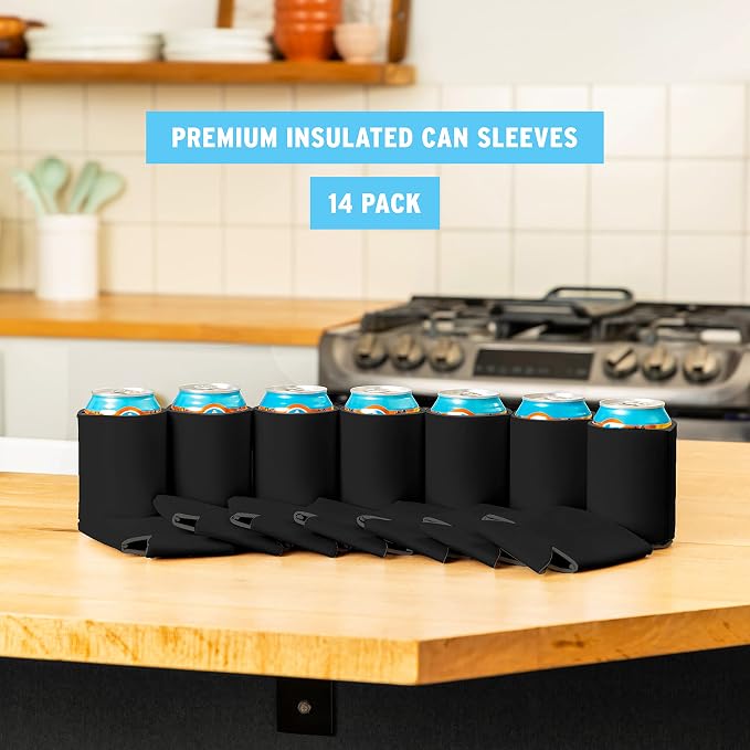 Blank Beer Can Coolers Sleeves (14-Pack) Soft Insulated Beer Can Cooler Sleeves - HTV Friendly Plain Black Can Sleeves for Soda, Beer & Water Bottles - Blanks for Vinyl Projects Wedding Favors & Gifts