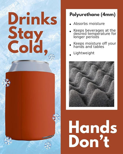 PartyPrints 25 Pack Texas Orange Blank Can Cooler Sleeves, Customizable Bulk Insulated Foam for Beer, Collapsible Plain Drink Holder, Cold Soda Insulator, 12oz Regular, 16oz Tall Cans