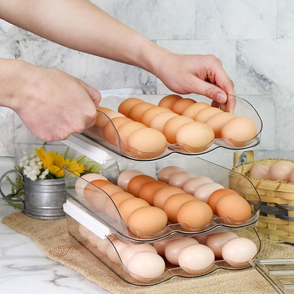 Egg Container for Refrigerator - Clear Stackable 3 Tier Plastic Egg Holder Drawer - 4 Dozen Capacity Farm Eggs Organization Storage Trays for Fridge or Kitchen Counter