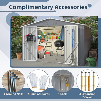 10X8 FT Outdoor Storage Shed, All Weather Metal Sheds withLockable Doors, Tool Shed for Garden, Patio, Backyard, Lawn, Silver Gray