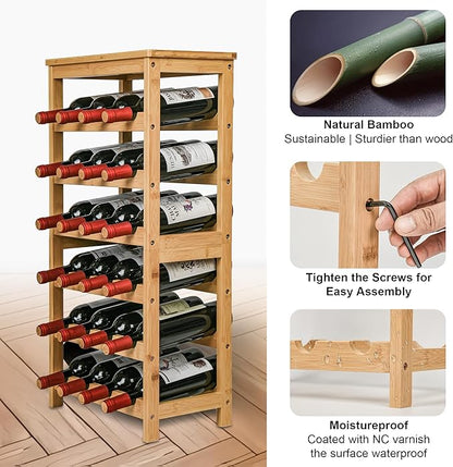 VASMIA Wine Rack Free Standing Floor, 6-Tier Display Wine Storage Shelves with Table Top, 24-Bottle Bamboo Wine Rack Shelf for Kitchen Bar Dining Room Living Room, Natural
