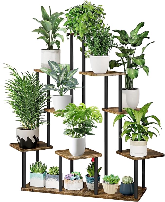 9 Tier Wood Tall Plant Stand Metal Rack Indoor, Multiple Flower Pot Holder Shelves Corner Rack, Planter Shelf Display Rack Storage Organizer for Patio Living Room Balcony Garden(Black)