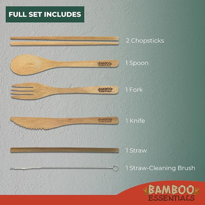 Travel Utensils with Case Set Fork, Knife, Spoon, Chopsticks, Straw, Straw-cleaning brush, Travel Pouch and Carabiner, Excellent For Everyday Use! ((1Set) Sunset Red)