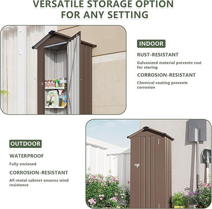 2.5x1.4 FT Mini Outdoor Storage Shed, Plastic Shed with Floor, Lockable Door, Adjustable Shelves & Sloping Roof, All-Weather Resin Shed for Garden, Backyard, Patio, Lawn (Brown)