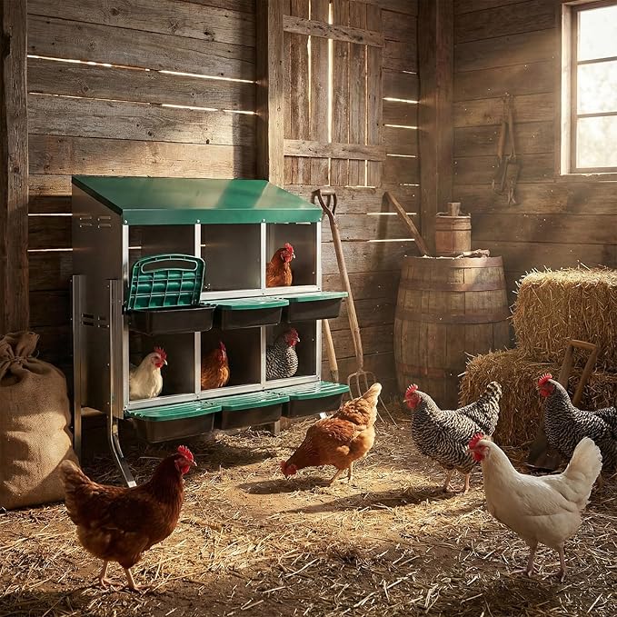 Metal Chicken Nesting Box,6 Compartment Nesting Box for Laying Eggs,Cleanable Pull Out Hen Roosting Boxes,Wall Mount Chicken Brooder Boxes,with Perch,for Hens Gooses Ducks Poultry Farms (Green)