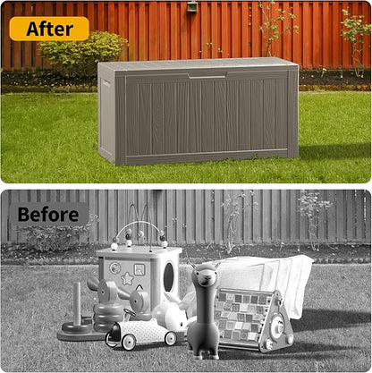 80 Gallon Waterproof Large Resin Deck Box Indoor/Outdoor Lockable Storage Container and Seating for Garden, Pool, and Patio (80 Gallon, Grey)