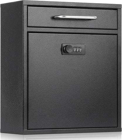 xydled Wall-Mount Mailboxes with Combination Lock, Black, Large | Steel Combination Lock Mail Boxes Outdoor, Locking Wall Mount Mailbox, Security Key Drop Box, 13.4H x 11.6L x 5.8W Inches