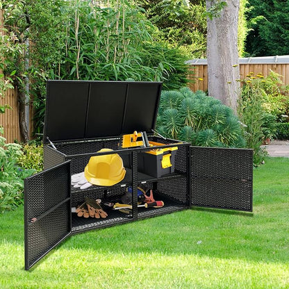 HAPPYGRILL Deck Box Outdoor Wicker Storage Box Cabinet, 88 Gallon Patio Rattan Storage Container Bin Box for Furniture Tools in Garden Balcony Porch Yard
