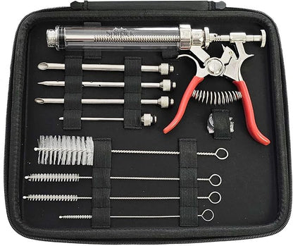 PULSE Meat Injector Gun, BBQ Meat Marinade Injector Kit for Brisket, Pork Shoulder, and Chicken, 50ml with 4 Stainless Steel Needles, Case and Guide