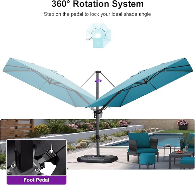 PURPLE LEAF 9' X 12' Left-right Tilt Patio Umbrella Outdoor Cantilever Swivel Rectangle Umbrella Aluminum Offset Umbrella with 360-degree Rotation for Garden Deck Pool Patio Turquoise Blue