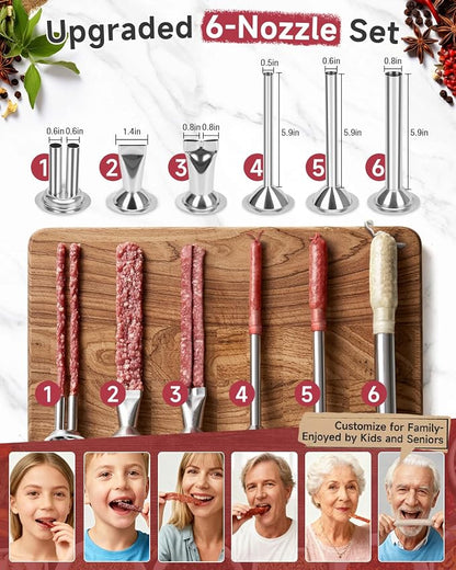 2LB Jerky Gun Kits, 304 Stainless Steel Beef Jerky Gun | 6 Versatile Nozzles, Suitable for 19mm Snack Stick, Aluminum Alloy Handle, Meat Maker with 4 Cleaning Brushes, 1 Meat Pusher