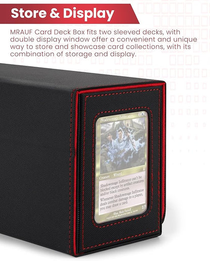 MRAUF MTG Deck Box with Double Commander Display and Dice Tray, Fits 200+ Double Sleeved Cards, Card Storage Box Plus 2 Magnetic Holders& 100Pcs Card Sleeves (Black& Red)