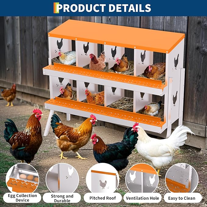 Nesting Boxes for Chickens, Chicken Coop Laying Boxes for Hens with Egg Rollaway System to Protect Eggs, 6/8/10-Hole Galvanized Steel Chicken Nesting Boxes Backyard Farm, Easy to Clean