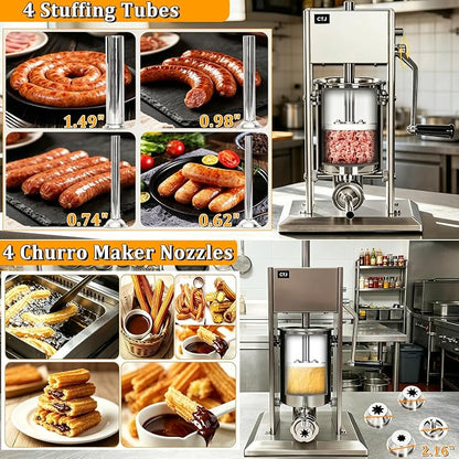 CTJ Sausage Stuffers Stainless Steel Sausage & Churro Maker 5L/11Lb,Silver | Manual 2 in 1 Sausage Stuffer & Churro Maker, 2-Speed Adjustable Vertical Sausage Maker, 4 Stuffing Tubes & Churros Nozzle