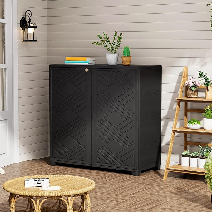 ZZM Indoor/Outdoor Storage Cabinet Waterproof, 34"x15"x34" Plastic Outdoor Storage Box for Garden Balcony Bathroom, All Weather Outdoor Storage Clearance, DIY Usage, with 1 Shelf (Black)