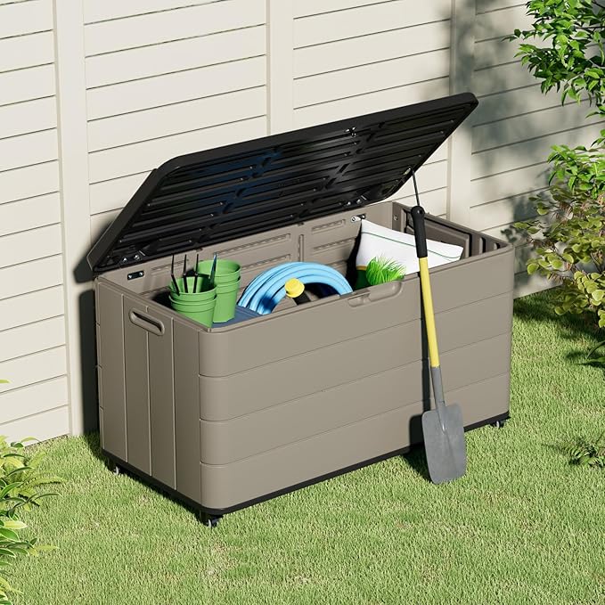 ZZM 110 Gallon Outdoor Deck Box with Wheels, Waterproof Resin Storage Cabinet for Patio Cushion and Tools, Lockable Storage Box, Coffee