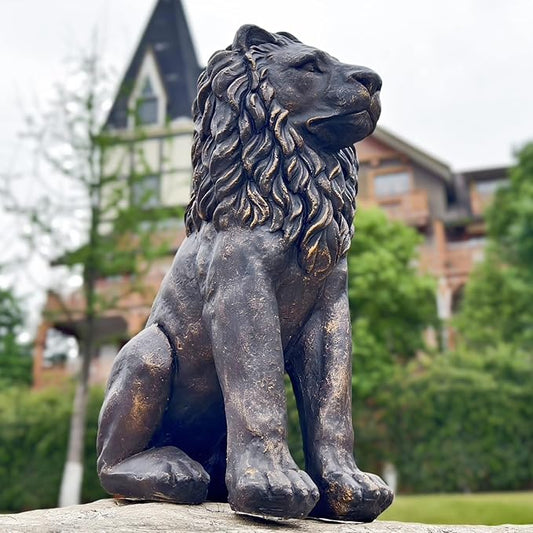 Lion Statue Majestic Sitting Lion Sculpture Guardian Lion for Outdoor Garden Patio Yard and Lawn Decor in Antique Bronze 23'' High