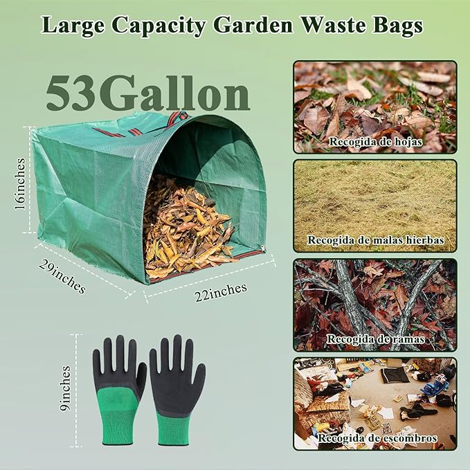 2 Pack 53 Gallons Reusable Yard Waste Bags,Heavy Duty Lawn and Leaf Bags,Dustpan-Type Garden Bag with Reinforced Handles for Collecting Leaves,Branch Debris,Grass Clippings