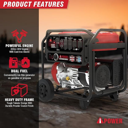 A-iPower 8200W Portable Generator Dual Fuel, Gas and Propane Powered Power Supplies with 322cc OHV Engine, CO Sensor, Heavy Duty Generators For Jobsite, RV, Whole House Backup Emergency