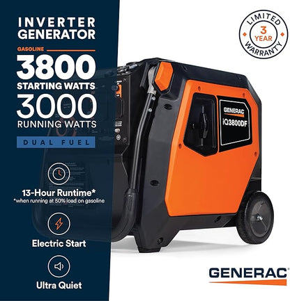 Generac 3,800-Watt Dual-Fuel Portable Inverter Generator - Gas and Propane Compatible - Quiet Operation - Clean, Stable Power - Great for Home Backup, Camping, and RV Use