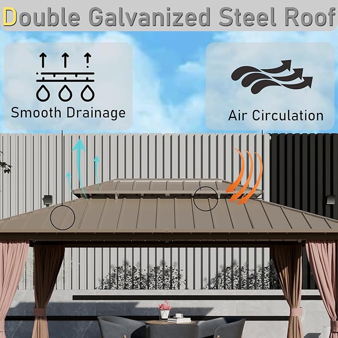 12'x14' Hardtop Gazebo, Outdoor Aluminum Frame Galvanized Steel Double Roof Pavilion with Netting and Shaded Curtains, Permanent Metal Pergolas for Patio, Backyard, Deck and Lawns.